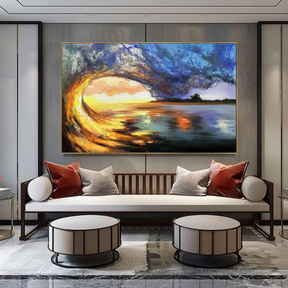 Stunning Hyperrealistic Wave Scene Oil Painting Capturing Ocean Sunset Beauty