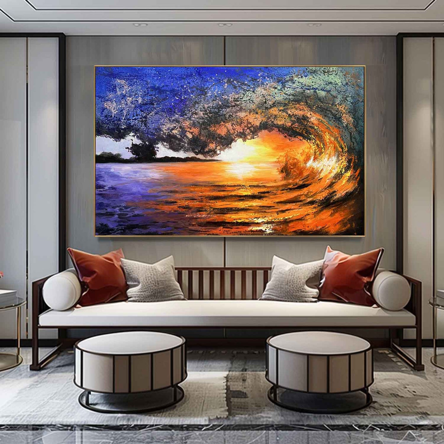 Stunning Sunset Wave - Vibrant Ocean Oil Painting for Home Decor