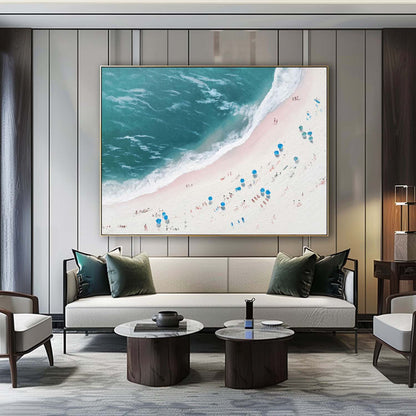Serene Beachscape Oil Painting with Vibrant Ocean and Sunbathers