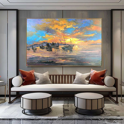 Vibrant Sunset Over Calm Waters with Fishing Boats - Oil Painting