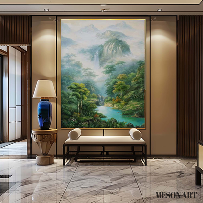Serene Landscape Oil Painting of Lush Forest and Tranquil Waterfall in Hyperrealistic Style
