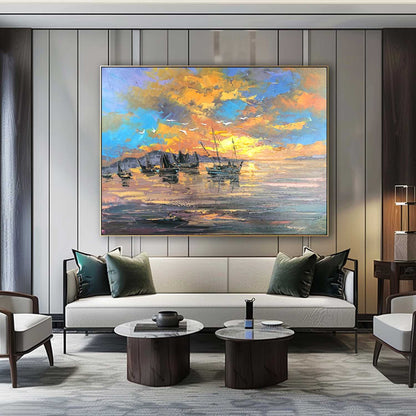 Vibrant Sunset Over Calm Waters with Fishing Boats - Oil Painting