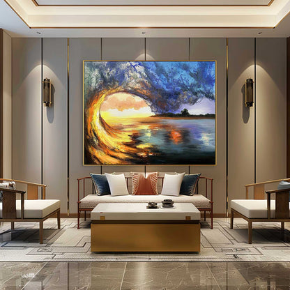 Stunning Hyperrealistic Wave Scene Oil Painting Capturing Ocean Sunset Beauty