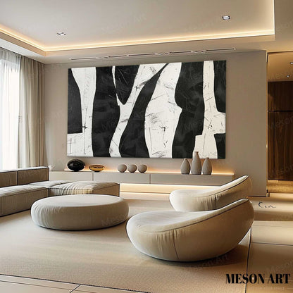 Abstract Black and White Minimalist Oil Painting for Modern Home Decor