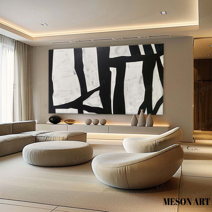 Abstract Black and White Minimalist Oil Painting for Modern Home Decor