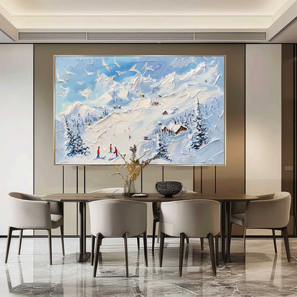 Winter Wonderland Ski Scene: Textured Oil Painting of Snowy Mountains and Adventurers