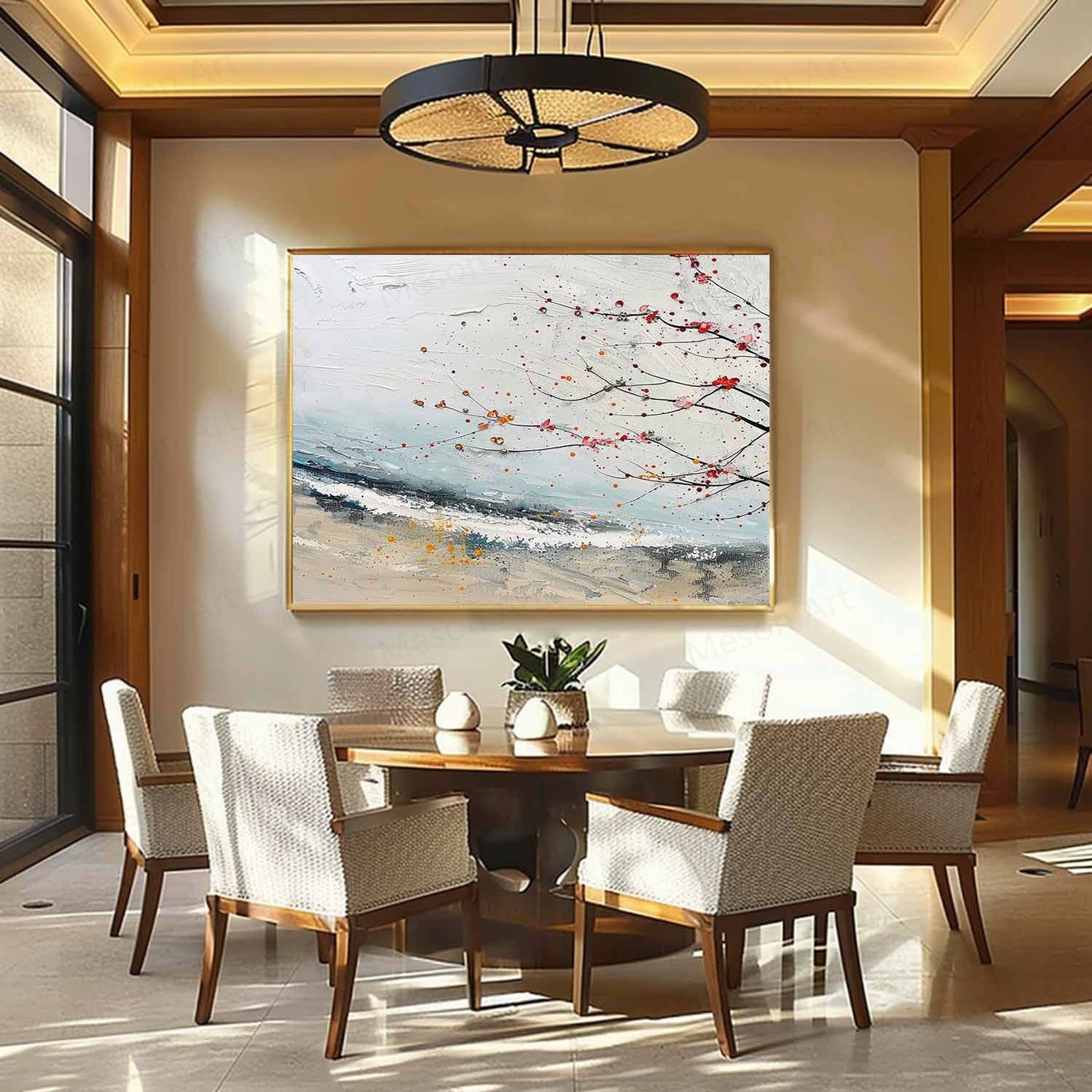 Abstract Landscape Oil Painting with Delicate Branches and Colorful Accents