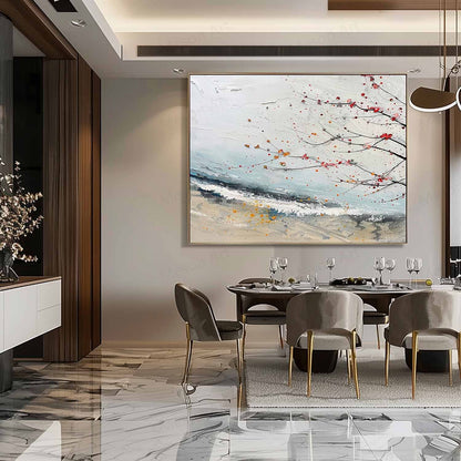 Abstract Landscape Oil Painting with Delicate Branches and Colorful Accents