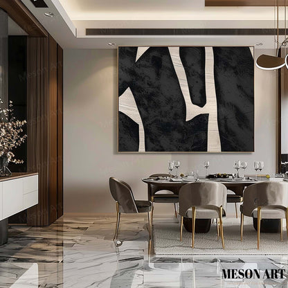 Abstract Black and White Minimalist Oil Painting for Modern Home Decor