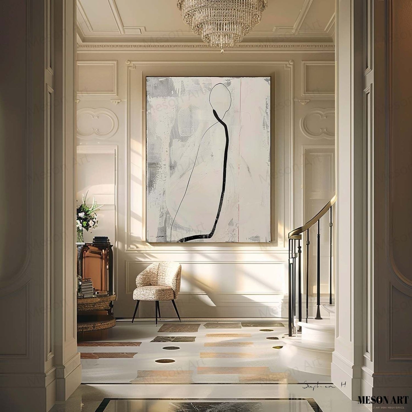 Elegant Minimalist Oil Painting with Abstract Figure for Modern Decor