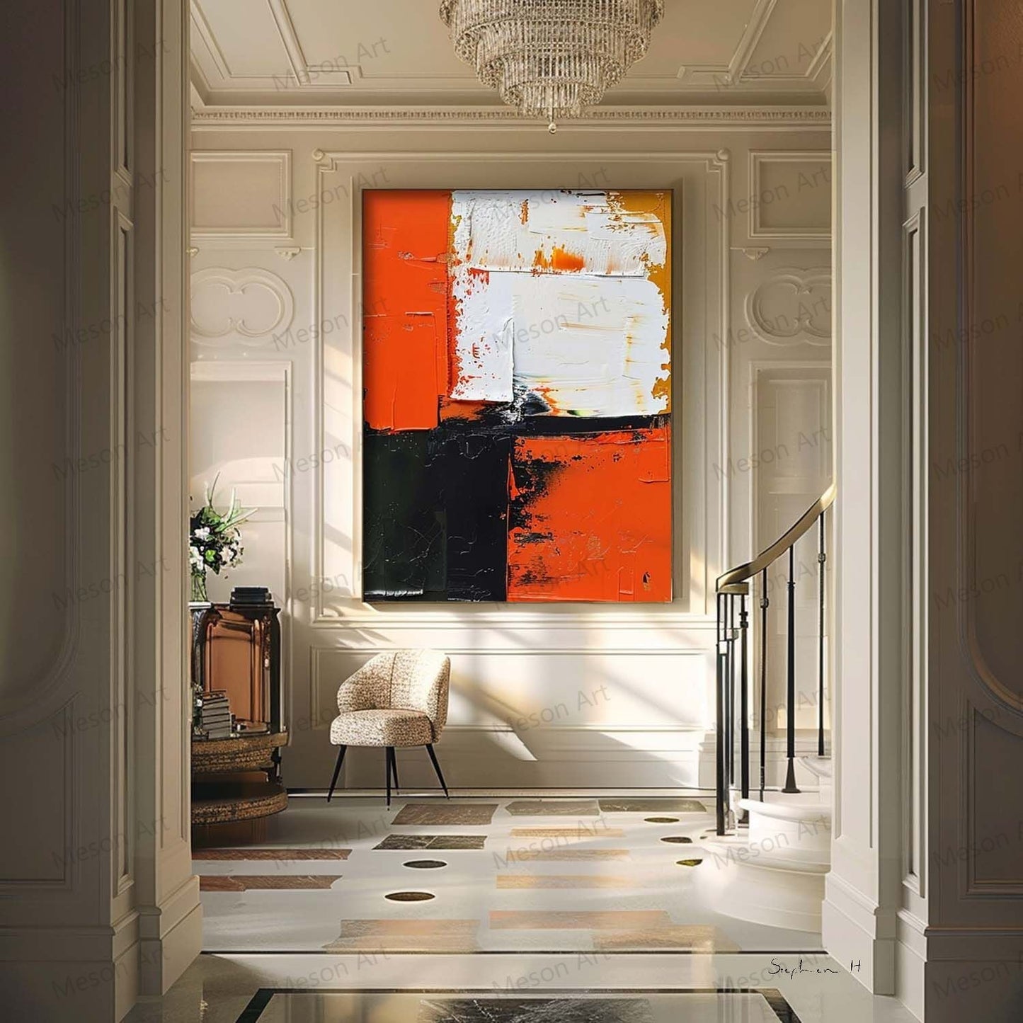 Abstract Orange and Black Oil Painting for Modern Home Decor