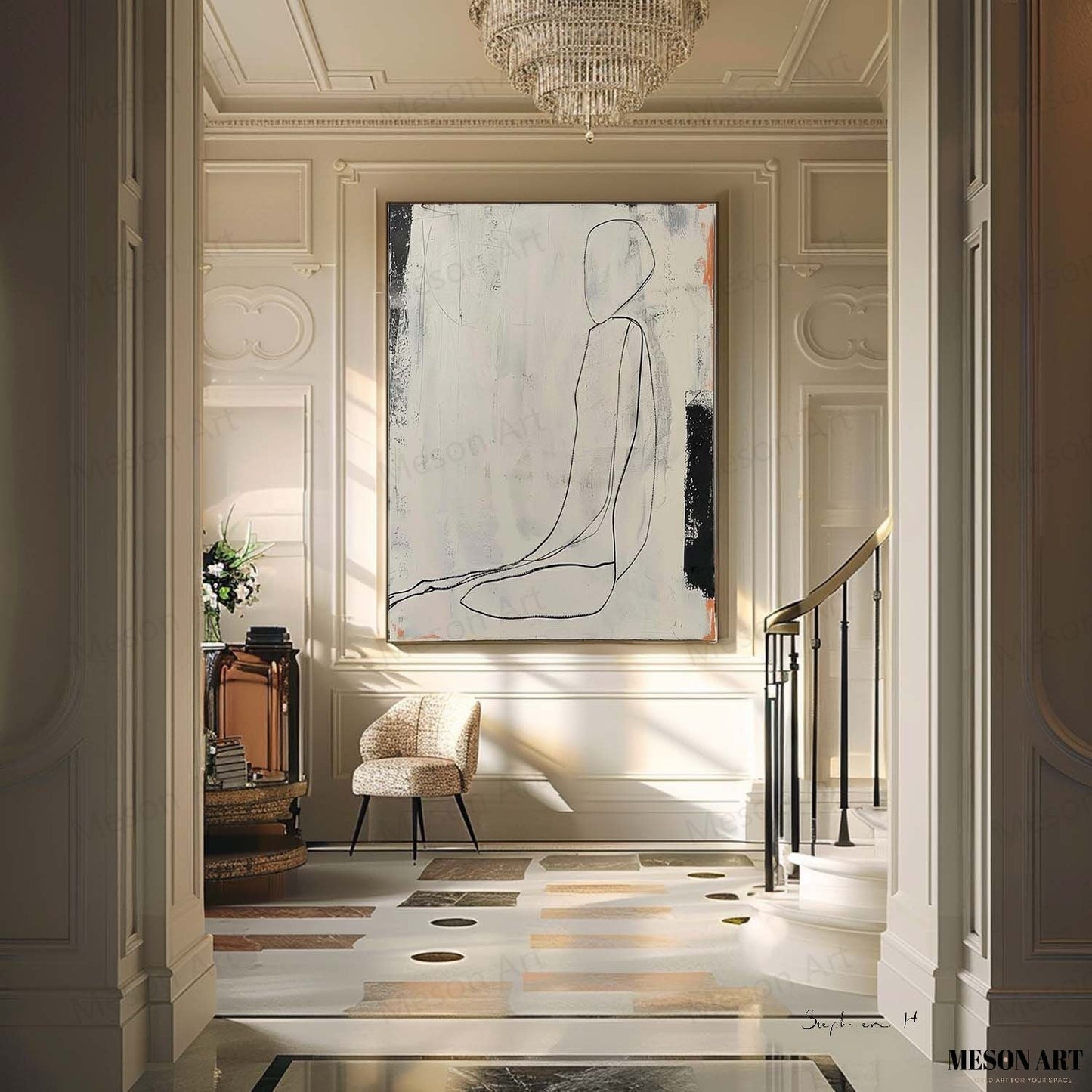 Elegant Minimalist Oil Painting of a Serene Figure in Neutral Tones