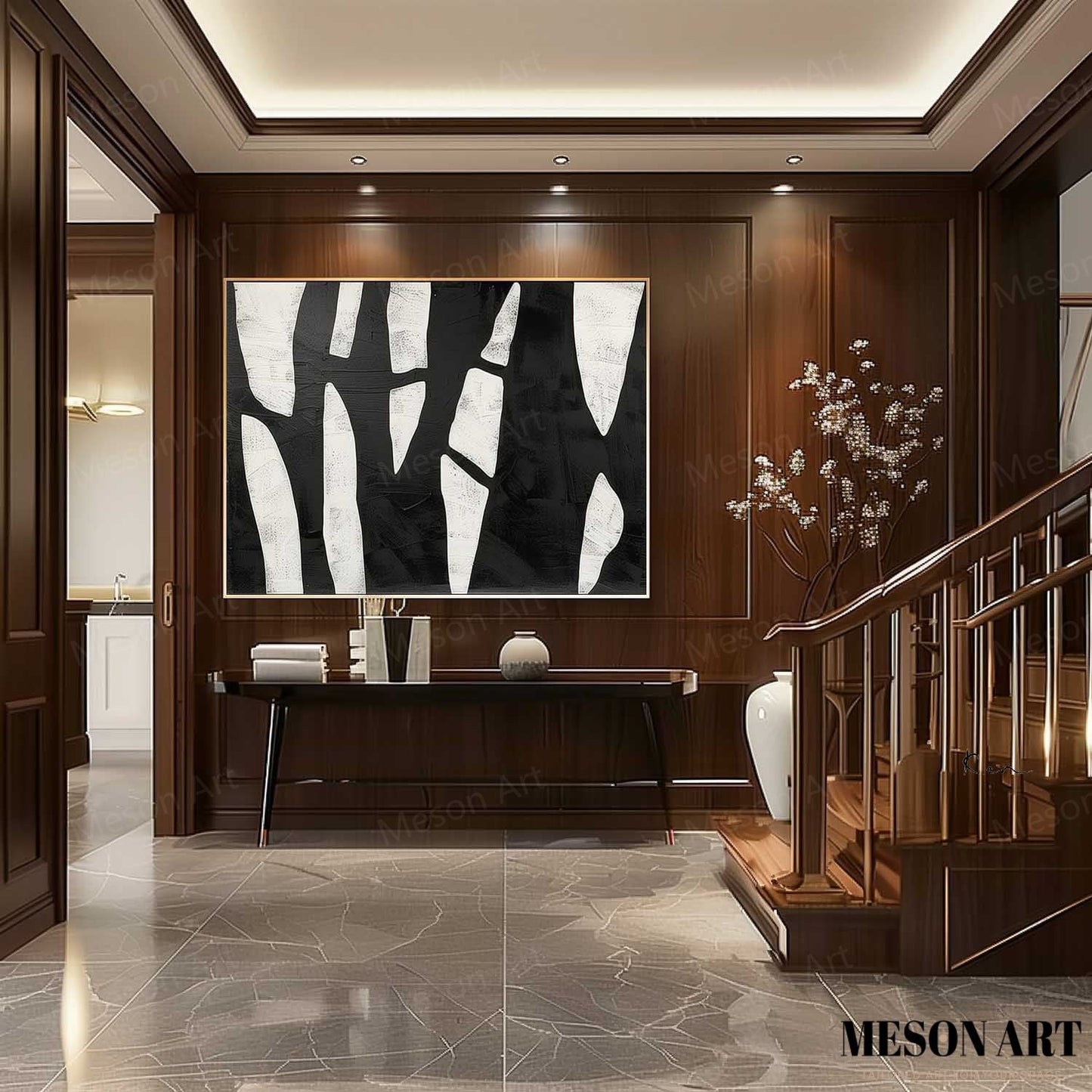 Black and White Contemporary Minimalist Oil Painting for Modern Home Decor