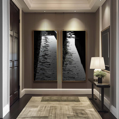 Serene Reflection: Black and White Oil Painting Diptych of Waterway Pathway