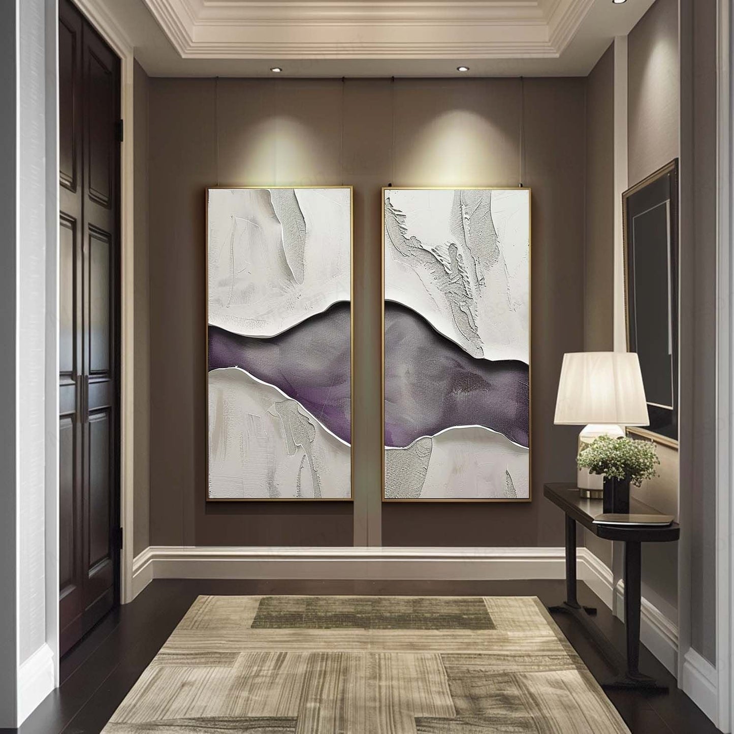Abstract Purple and White Panoramic Oil Painting Two-Piece Set for Modern Decor