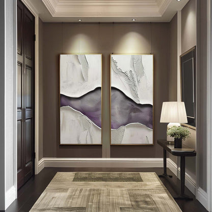 Abstract Purple and White Panoramic Oil Painting Two-Piece Set for Modern Decor