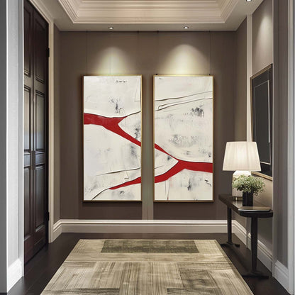 Abstract Red and White Dual Canvas Art Set for Modern Home Decor
