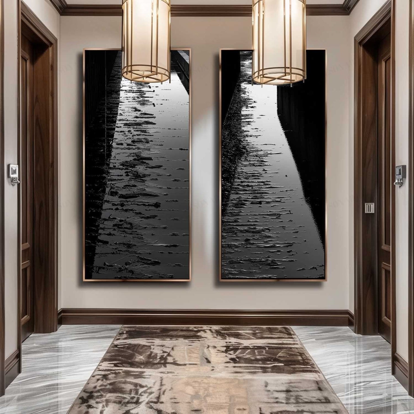 Serene Reflection: Black and White Oil Painting Diptych of Waterway Pathway
