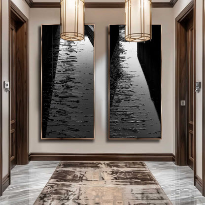 Serene Reflection: Black and White Oil Painting Diptych of Waterway Pathway