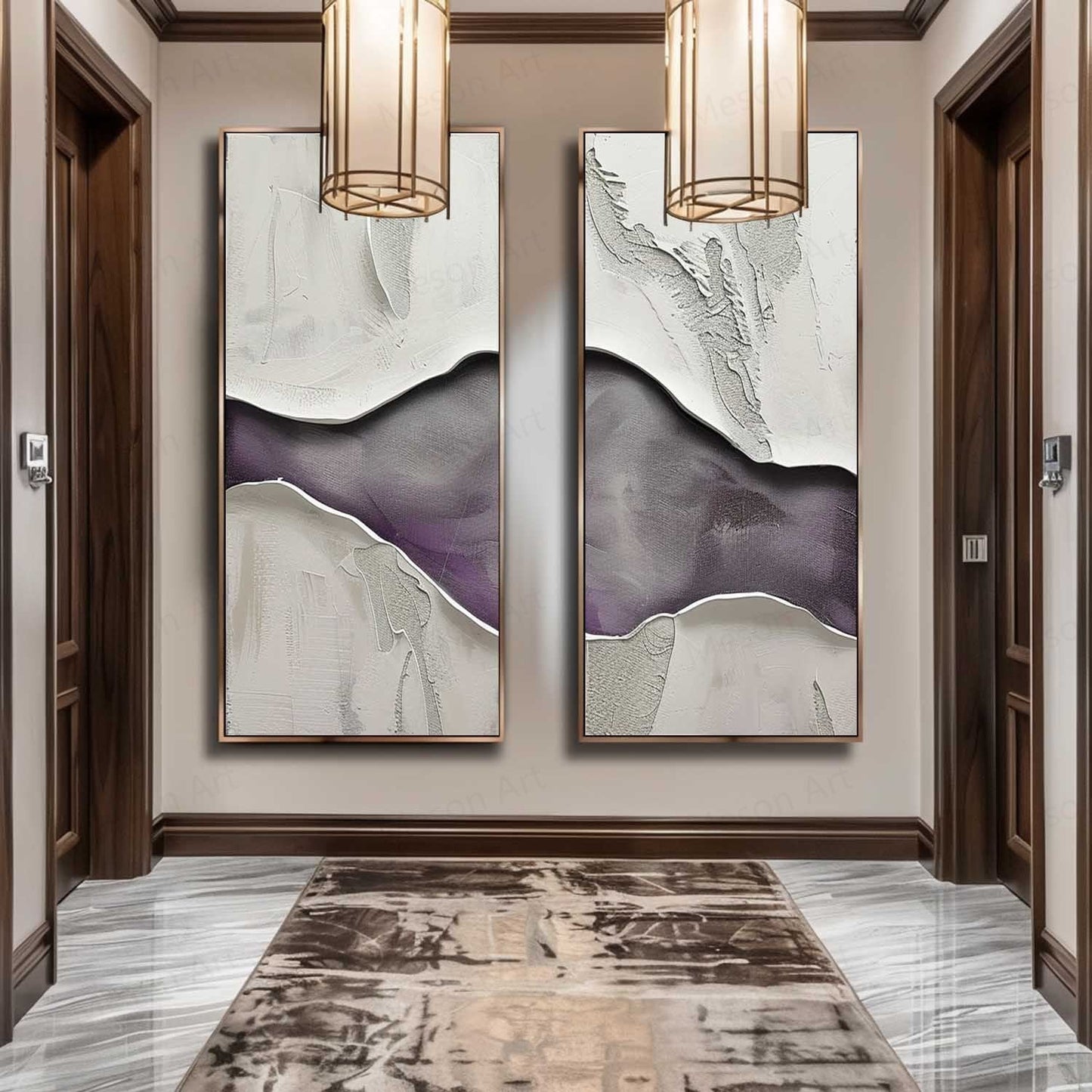 Abstract Purple and White Panoramic Oil Painting Two-Piece Set for Modern Decor
