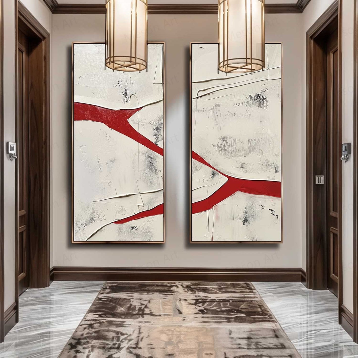 Abstract Red and White Dual Canvas Art Set for Modern Home Decor