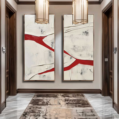 Abstract Red and White Dual Canvas Art Set for Modern Home Decor