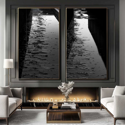 Serene Reflection: Black and White Oil Painting Diptych of Waterway Pathway