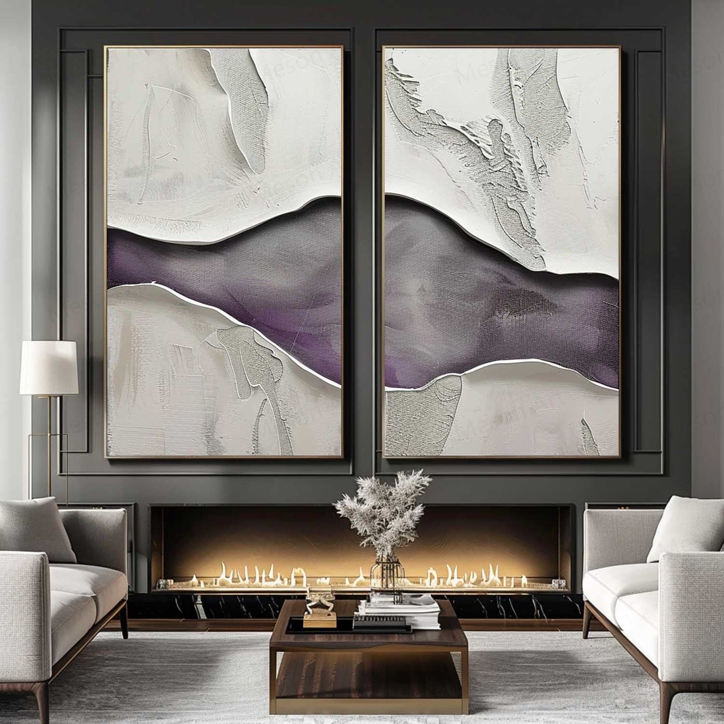 Abstract Purple and White Panoramic Oil Painting Two-Piece Set for Modern Decor