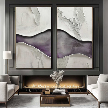 Abstract Purple and White Panoramic Oil Painting Two-Piece Set for Modern Decor
