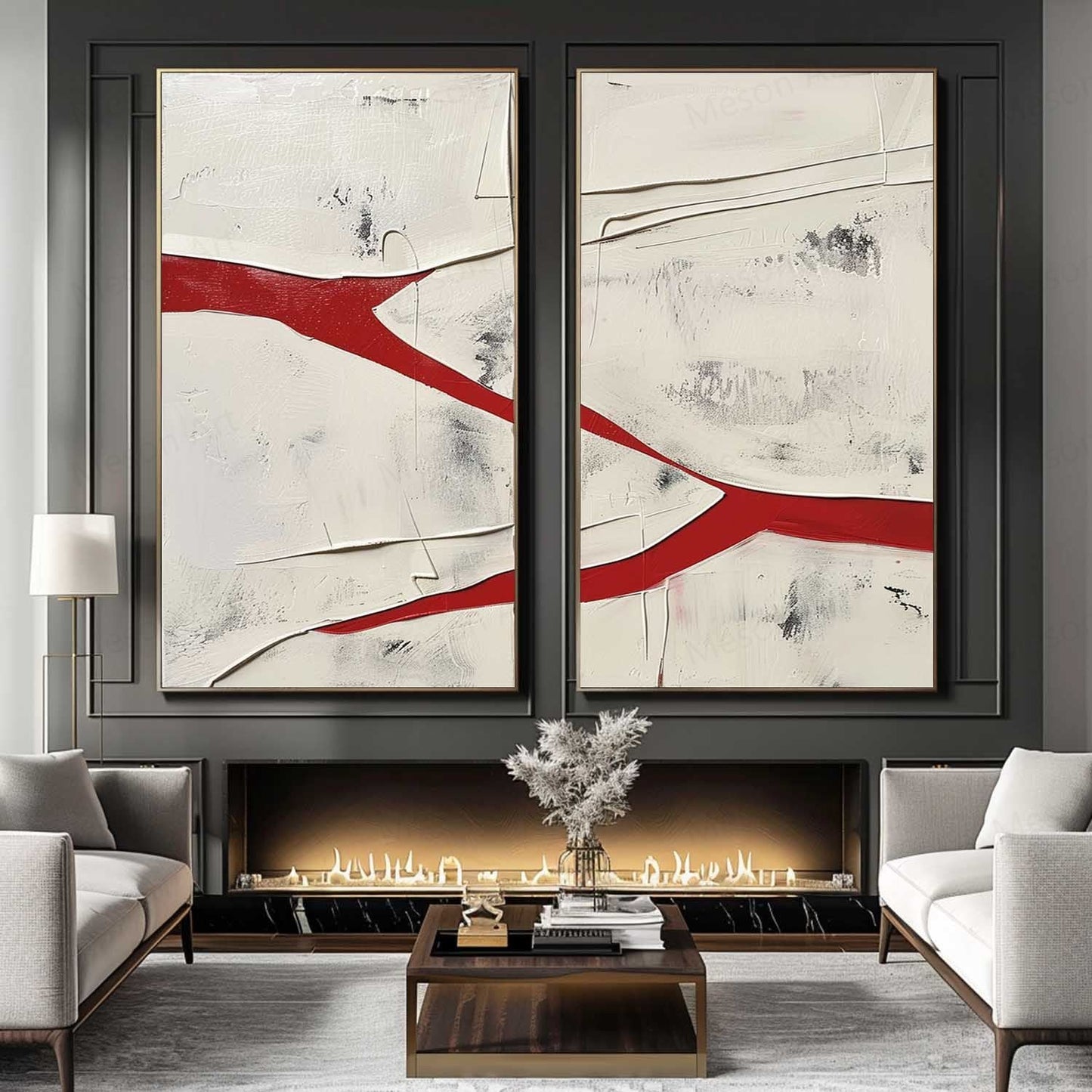 Abstract Red and White Dual Canvas Art Set for Modern Home Decor
