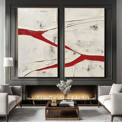 Abstract Red and White Dual Canvas Art Set for Modern Home Decor