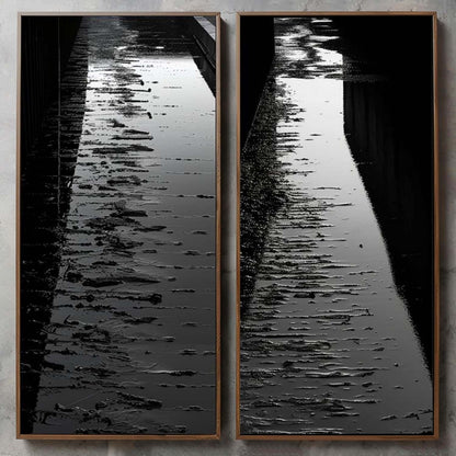 Serene Reflection: Black and White Oil Painting Diptych of Waterway Pathway