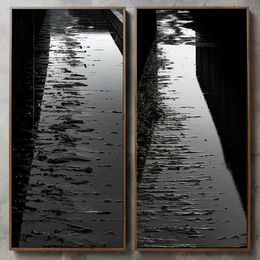 Serene Reflection: Black and White Oil Painting Diptych of Waterway Pathway