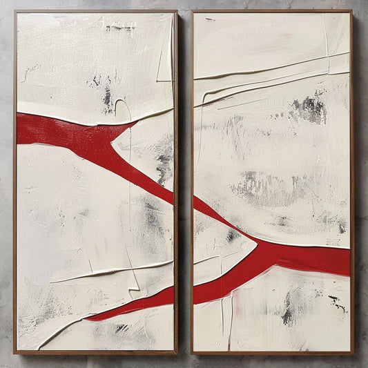 Abstract Red and White Dual Canvas Art Set for Modern Home Decor