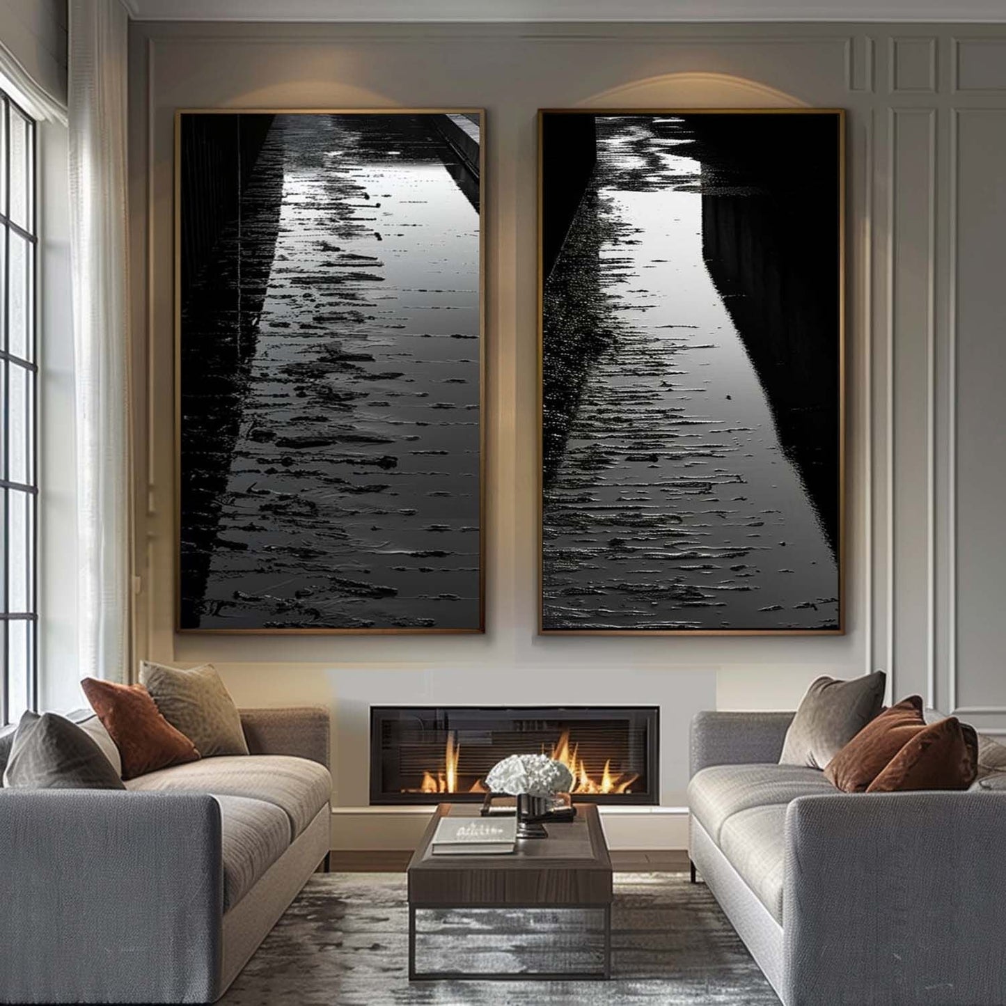 Serene Reflection: Black and White Oil Painting Diptych of Waterway Pathway