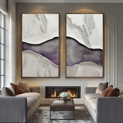 Abstract Purple and White Panoramic Oil Painting Two-Piece Set for Modern Decor