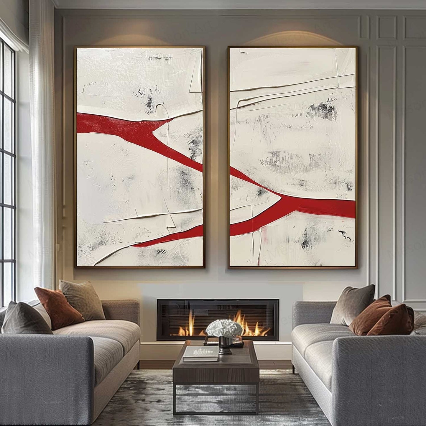 Abstract Red and White Dual Canvas Art Set for Modern Home Decor