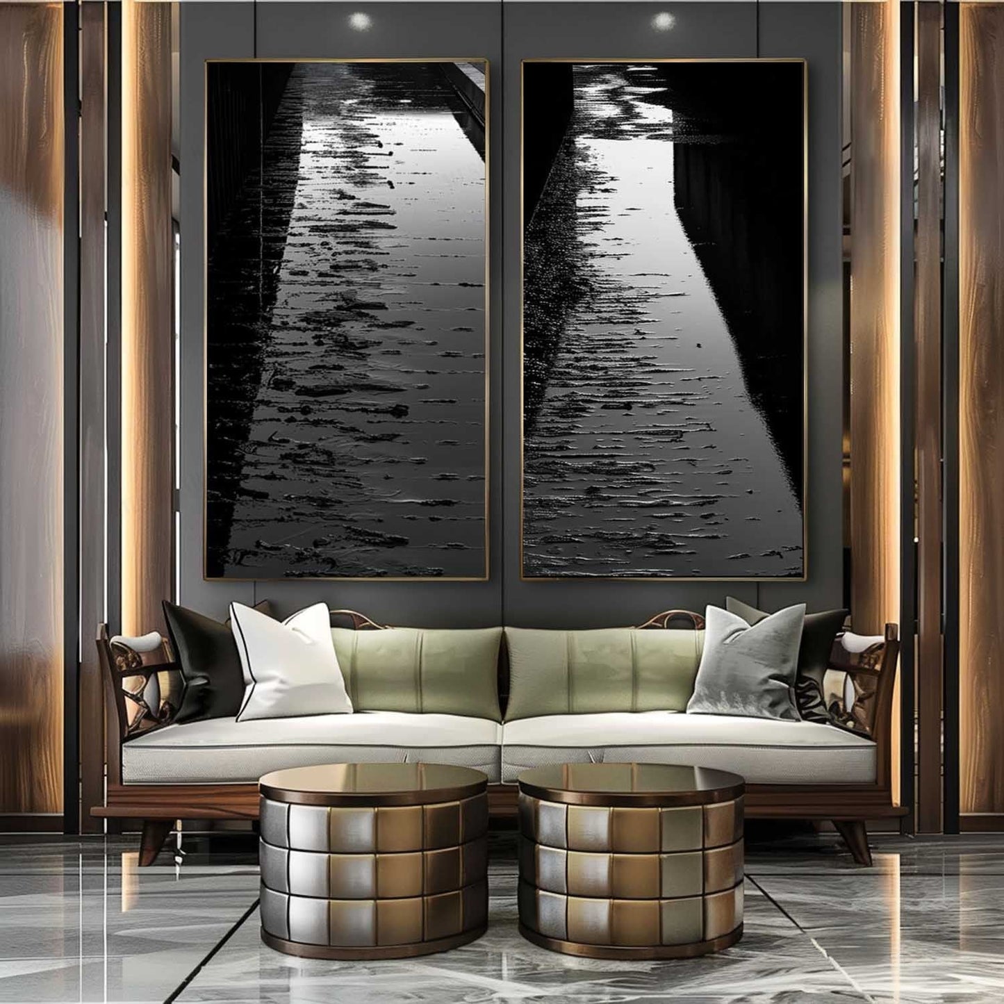 Serene Reflection: Black and White Oil Painting Diptych of Waterway Pathway