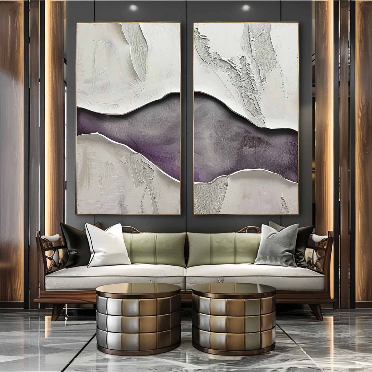Abstract Purple and White Panoramic Oil Painting Two-Piece Set for Modern Decor
