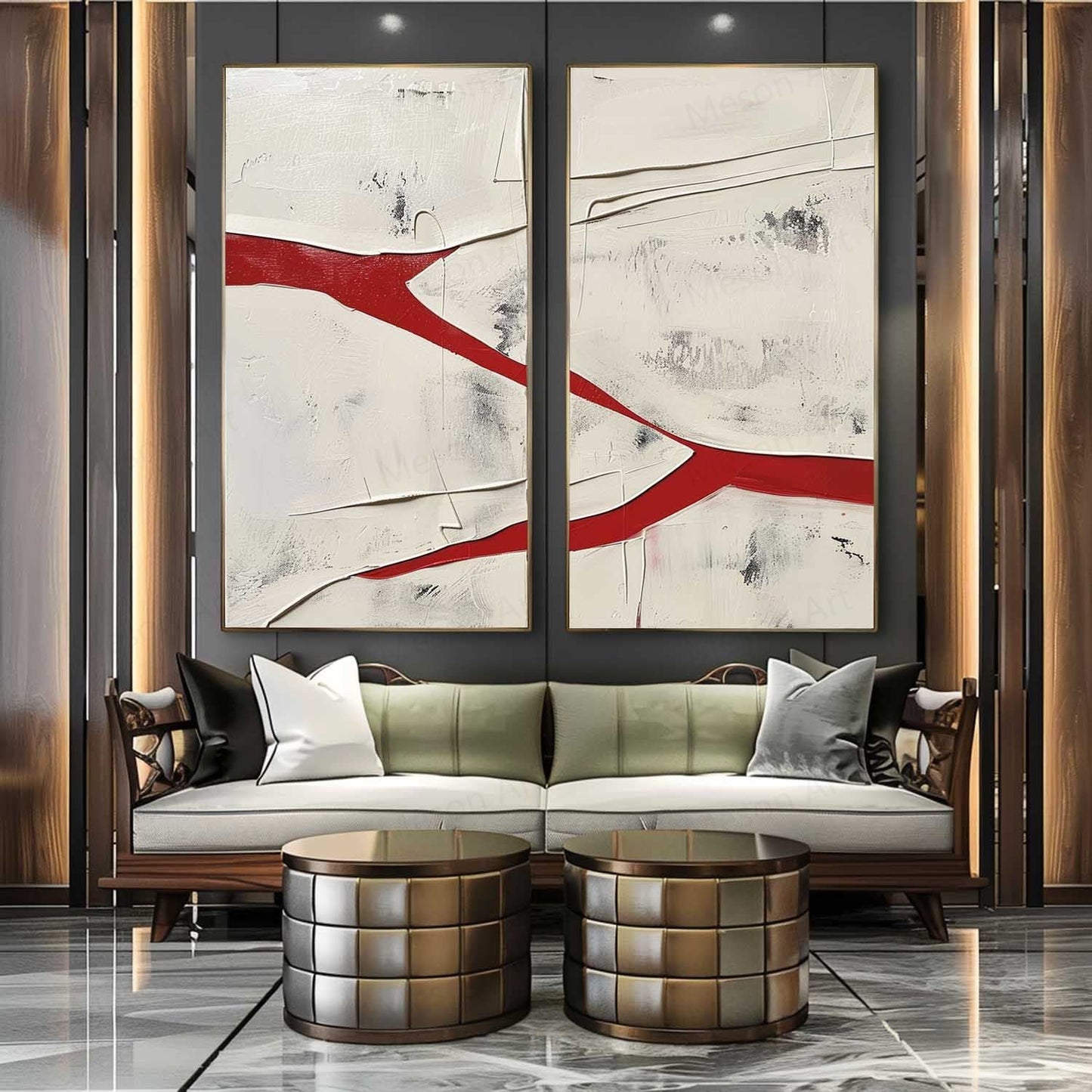 Abstract Red and White Dual Canvas Art Set for Modern Home Decor