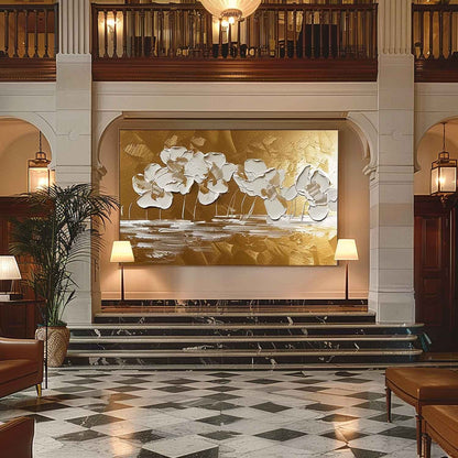 Elegant White Flower Oil Painting with Gold Background for Home Decor