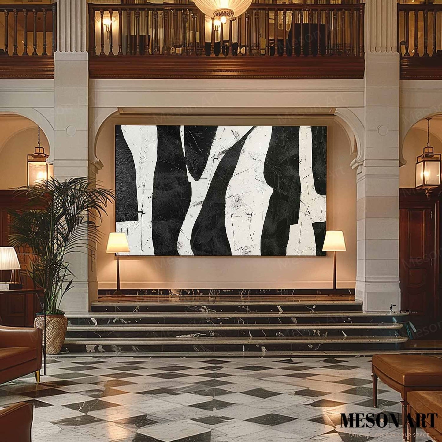 Abstract Black and White Minimalist Oil Painting for Modern Home Decor