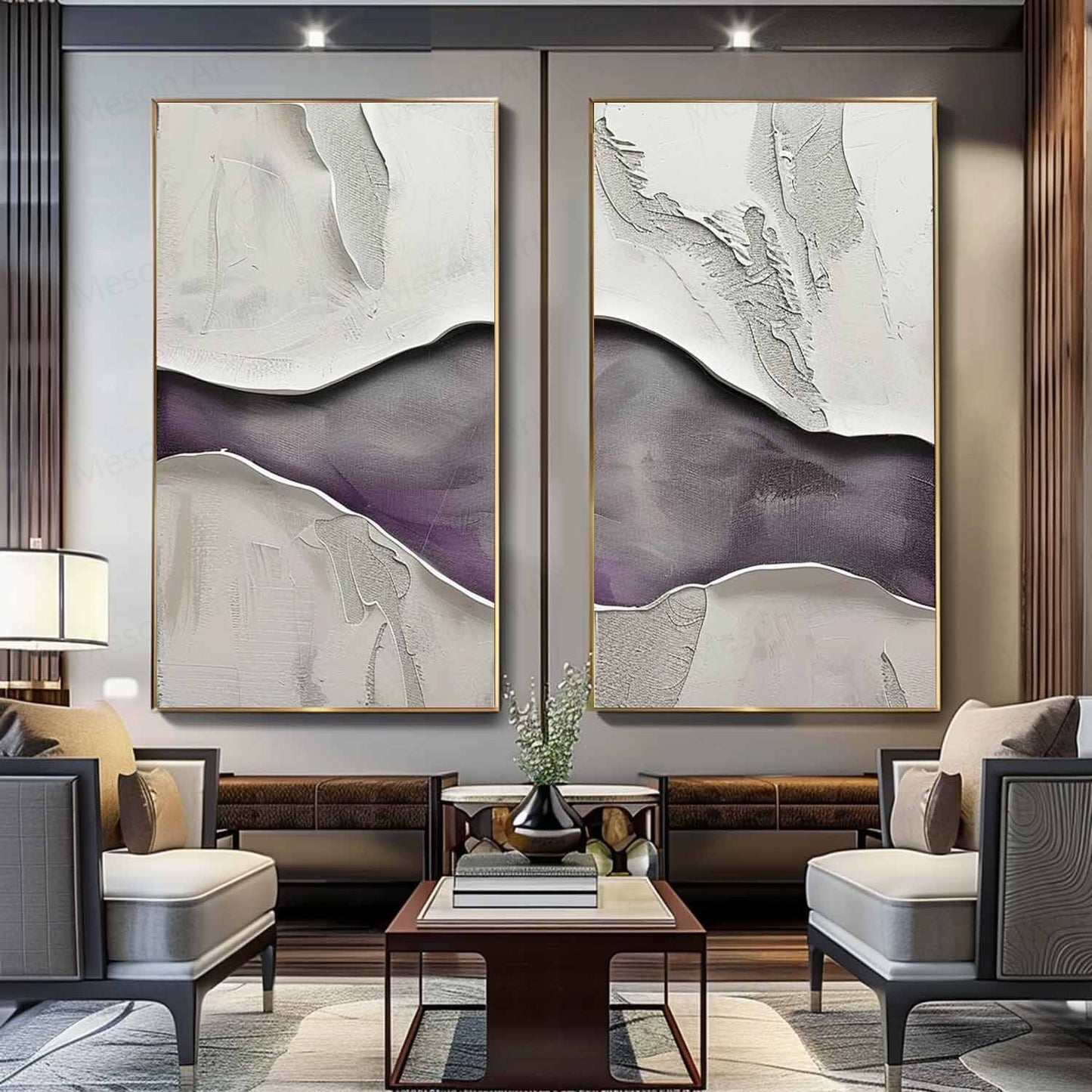 Abstract Purple and White Panoramic Oil Painting Two-Piece Set for Modern Decor