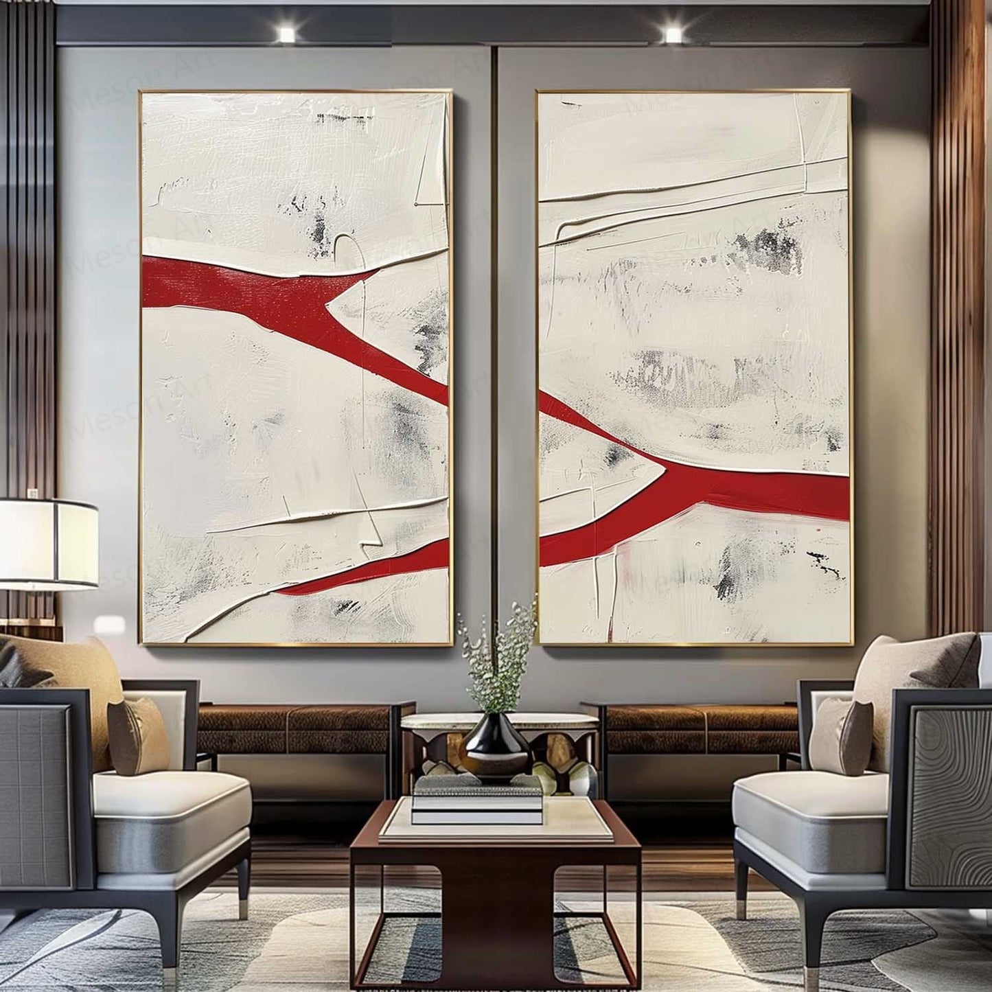 Abstract Red and White Dual Canvas Art Set for Modern Home Decor