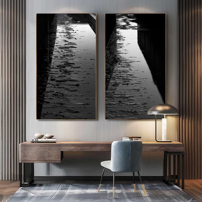 Serene Reflection: Black and White Oil Painting Diptych of Waterway Pathway