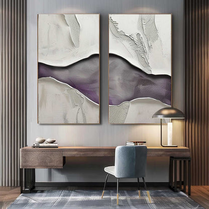 Abstract Purple and White Panoramic Oil Painting Two-Piece Set for Modern Decor