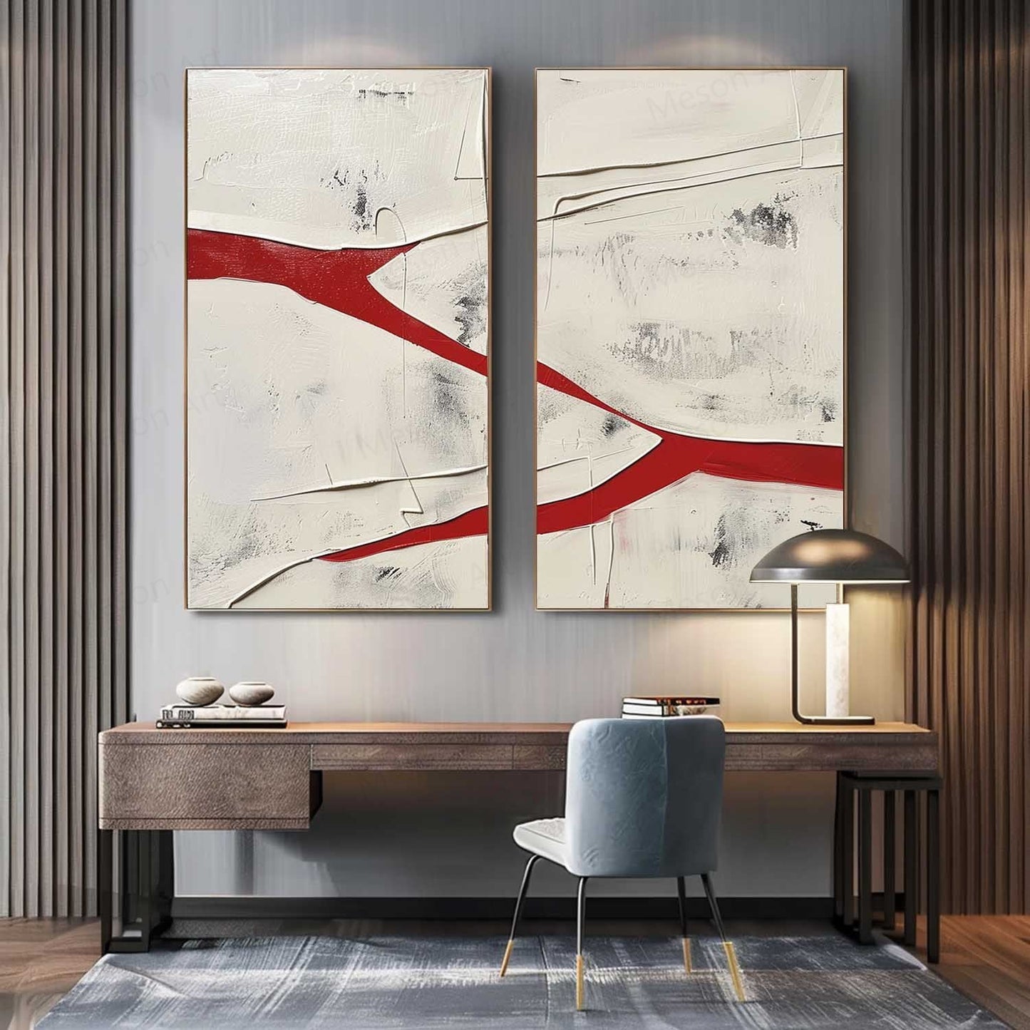 Abstract Red and White Dual Canvas Art Set for Modern Home Decor