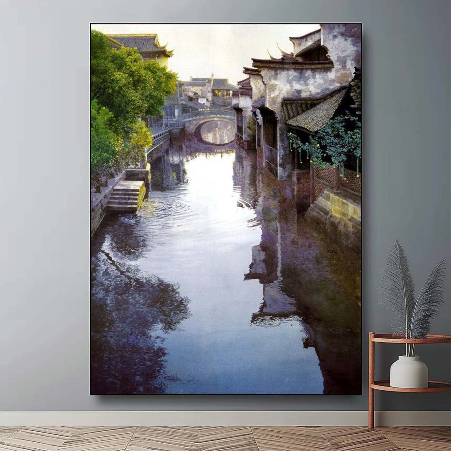 Tranquil Waterway Landscape Oil Painting in Hyperrealism Style