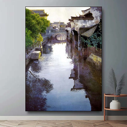 Tranquil Waterway Landscape Oil Painting in Hyperrealism Style