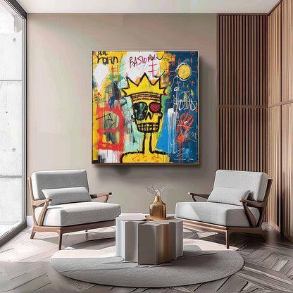 Vibrant Abstract Graffiti Painting with Skull and Crown Motif Perfect for Modern Decor